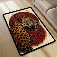 Leopard Tribal Art Area Rug | Fierce Wild Animal Floor Mat with Red Geometric Design | Premium Aesthetic Rug for Bedroom, Living Room & Gaming Setup