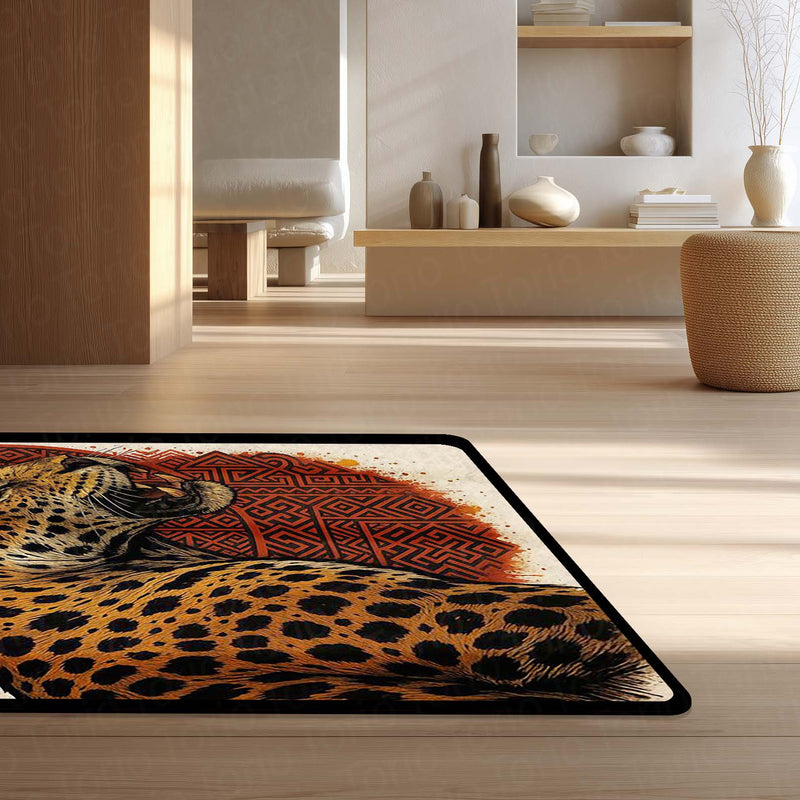 Leopard Tribal Art Area Rug | Fierce Wild Animal Floor Mat with Red Geometric Design | Premium Aesthetic Rug for Bedroom, Living Room & Gaming Setup