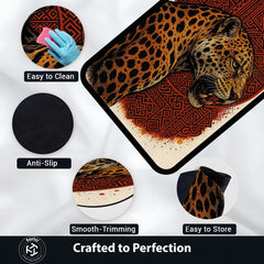 Leopard Tribal Art Area Rug | Fierce Wild Animal Floor Mat with Red Geometric Design | Premium Aesthetic Rug for Bedroom, Living Room & Gaming Setup