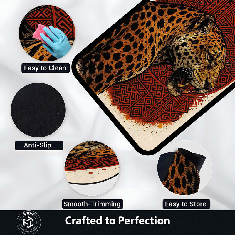 Leopard Tribal Art Area Rug | Fierce Wild Animal Floor Mat with Red Geometric Design | Premium Aesthetic Rug for Bedroom, Living Room & Gaming Setup