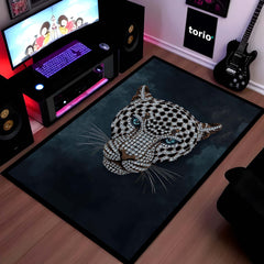 Luxurious Jeweled Leopard Head Area Rug | Crystal-Studded Big Cat Floor Mat | Modern Glamour Decor for Living Room, Bedroom & Luxury Interior Styling