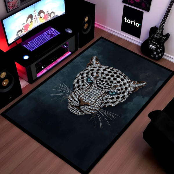 Luxurious Jeweled Leopard Head Area Rug | Crystal-Studded Big Cat Floor Mat | Modern Glamour Decor for Living Room, Bedroom & Luxury Interior Styling