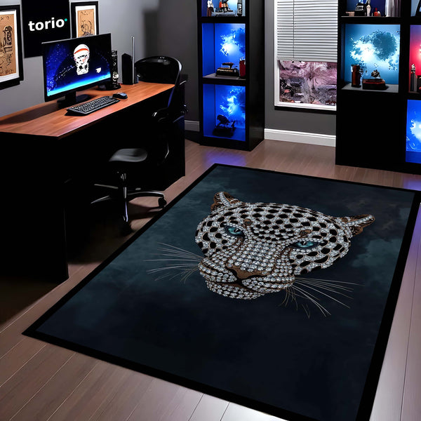Luxurious Jeweled Leopard Head Area Rug | Crystal-Studded Big Cat Floor Mat | Modern Glamour Decor for Living Room, Bedroom & Luxury Interior Styling