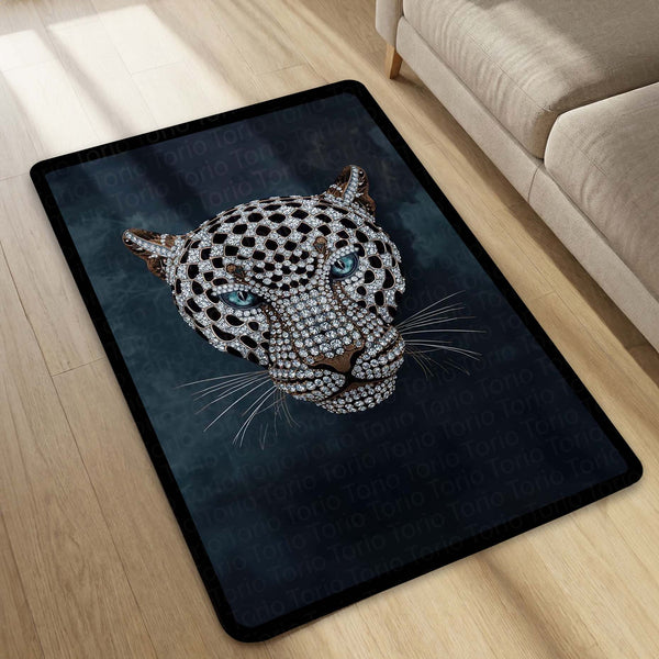 Luxurious Jeweled Leopard Head Area Rug | Crystal-Studded Big Cat Floor Mat | Modern Glamour Decor for Living Room, Bedroom & Luxury Interior Styling