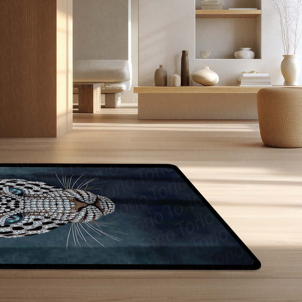 Luxurious Jeweled Leopard Head Area Rug | Crystal-Studded Big Cat Floor Mat | Modern Glamour Decor for Living Room, Bedroom & Luxury Interior Styling