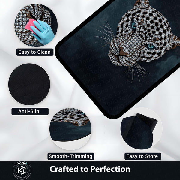 Luxurious Jeweled Leopard Head Area Rug | Crystal-Studded Big Cat Floor Mat | Modern Glamour Decor for Living Room, Bedroom & Luxury Interior Styling