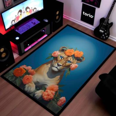 Floral Lion Art Floor Mat (3 mm Thick) | Artistic Lioness Round Rug for Living Room, Bedroom, Studio & Aesthetic Home Decor