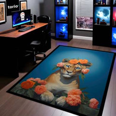 Floral Lion Art Floor Mat (3 mm Thick) | Artistic Lioness Round Rug for Living Room, Bedroom, Studio & Aesthetic Home Decor
