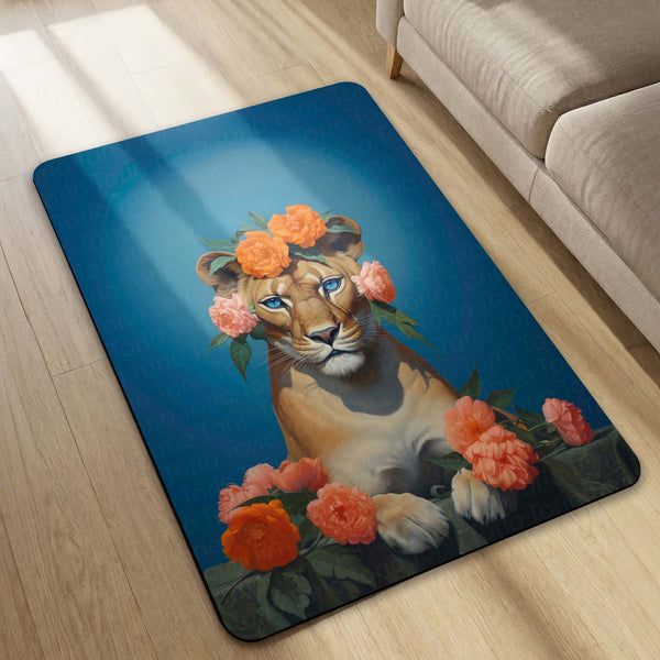 Floral Lion Art Floor Mat (3 mm Thick) | Artistic Lioness Round Rug for Living Room, Bedroom, Studio & Aesthetic Home Decor