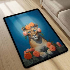 Floral Lion Art Floor Mat (3 mm Thick) | Artistic Lioness Round Rug for Living Room, Bedroom, Studio & Aesthetic Home Decor