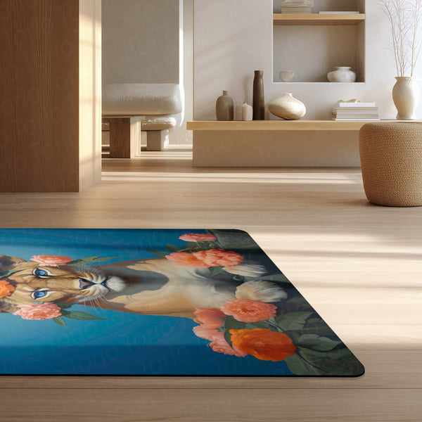 Floral Lion Art Floor Mat (3 mm Thick) | Artistic Lioness Round Rug for Living Room, Bedroom, Studio & Aesthetic Home Decor