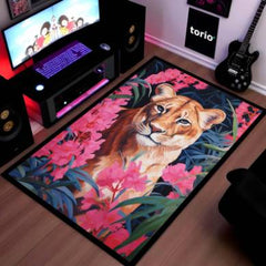 Floral Lion Art Floor Mat (3 mm Thick) | Artistic Lioness Round Rug for Living Room, Bedroom, Studio & Aesthetic Home Decor 01