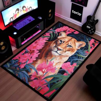 Floral Lion Art Floor Mat (3 mm Thick) | Artistic Lioness Round Rug for Living Room, Bedroom, Studio & Aesthetic Home Decor 01