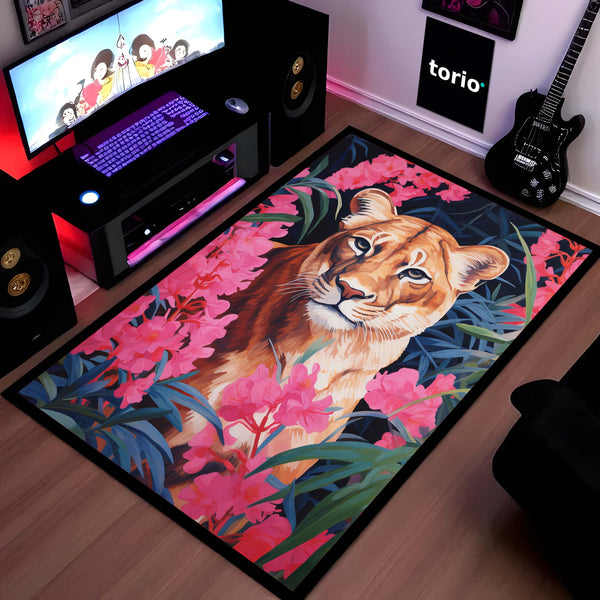 Floral Lion Art Floor Mat (3 mm Thick) | Artistic Lioness Round Rug for Living Room, Bedroom, Studio & Aesthetic Home Decor 01