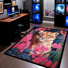 Floral Lion Art Floor Mat (3 mm Thick) | Artistic Lioness Round Rug for Living Room, Bedroom, Studio & Aesthetic Home Decor 01