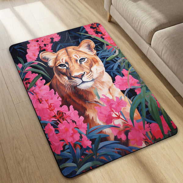 Floral Lion Art Floor Mat (3 mm Thick) | Artistic Lioness Round Rug for Living Room, Bedroom, Studio & Aesthetic Home Decor 01