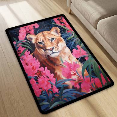 Floral Lion Art Floor Mat (3 mm Thick) | Artistic Lioness Round Rug for Living Room, Bedroom, Studio & Aesthetic Home Decor 01