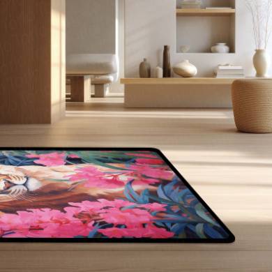 Floral Lion Art Floor Mat (3 mm Thick) | Artistic Lioness Round Rug for Living Room, Bedroom, Studio & Aesthetic Home Decor 01