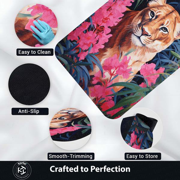 Floral Lion Art Floor Mat (3 mm Thick) | Artistic Lioness Round Rug for Living Room, Bedroom, Studio & Aesthetic Home Decor 01