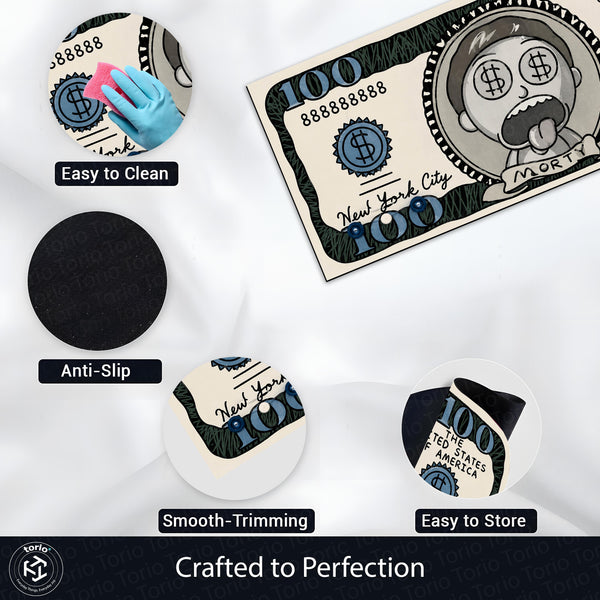 Morty Smith Money Note Flat Rug | Rick and Morty Cartoon Dollar Bill Inspired Bedroom Rug for Gaming Room & Pop Culture Decor