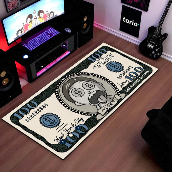 Morty Smith Money Note Flat Rug | Rick and Morty Cartoon Dollar Bill Inspired Bedroom Rug for Gaming Room & Pop Culture Decor