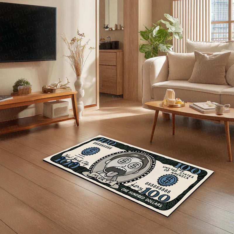 Morty Smith Money Note Flat Rug | Rick and Morty Cartoon Dollar Bill Inspired Bedroom Rug for Gaming Room & Pop Culture Decor