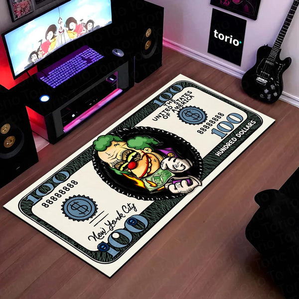Joker Money Note Flat Rug | Villain Dollar Bill Inspired Bedroom Rug for Gaming Room & DC Comic Decor