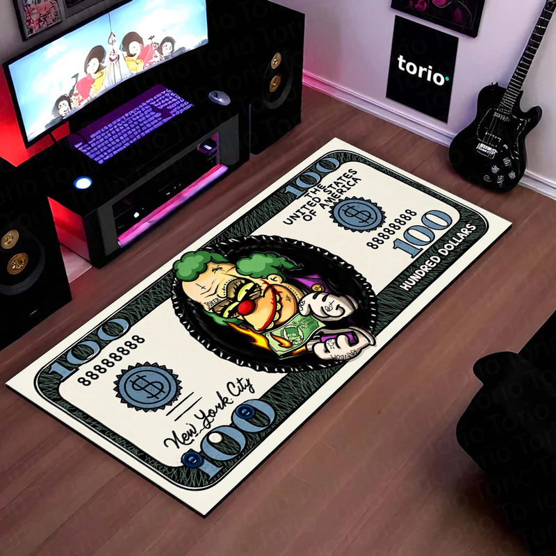 Joker Money Note Flat Rug | Villain Dollar Bill Inspired Bedroom Rug for Gaming Room & DC Comic Decor