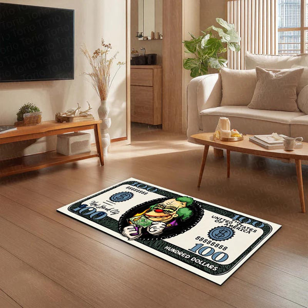 Joker Money Note Flat Rug | Villain Dollar Bill Inspired Bedroom Rug for Gaming Room & DC Comic Decor