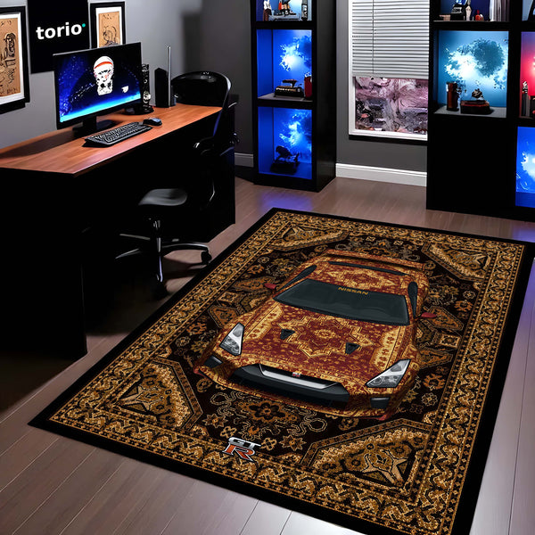 Nissan GT-R Persian Heritage Area Rug | Luxury Sports Car Floor Mat | Vintage Oriental Carpet Style Rug for Bedroom, Gaming Room & Car Enthusiast Decor