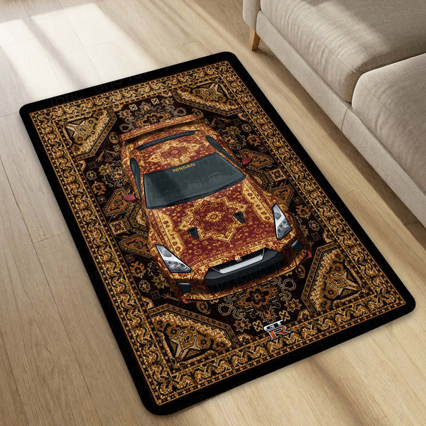 Nissan GT-R Persian Heritage Area Rug | Luxury Sports Car Floor Mat | Vintage Oriental Carpet Style Rug for Bedroom, Gaming Room & Car Enthusiast Decor