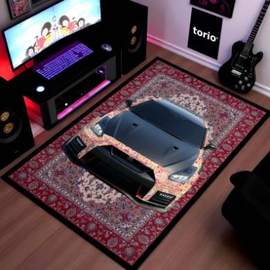 Nissan GT-R R35 Front View Floor Mat | Persian Carpet Style JDM Supercar Rug | Anti-Slip 3mm Absorbent Performance Car Design Mat for Home, Office & Studio