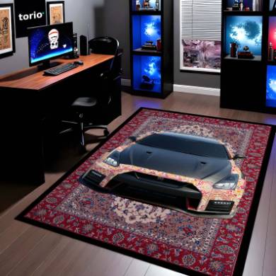 Nissan GT-R R35 Front View Floor Mat | Persian Carpet Style JDM Supercar Rug | Anti-Slip 3mm Absorbent Performance Car Design Mat for Home, Office & Studio