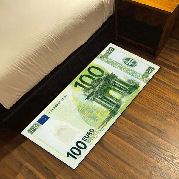 €100 Euro Banknote Money Flat Rug | Luxury Currency Bedroom Bedside Runner for Modern Home Decor