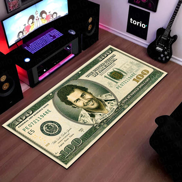 Pablo Escobar $100 Dollar Money Flat Rug | Luxury Currency Bedroom Bedside Runner for Modern Home Decor