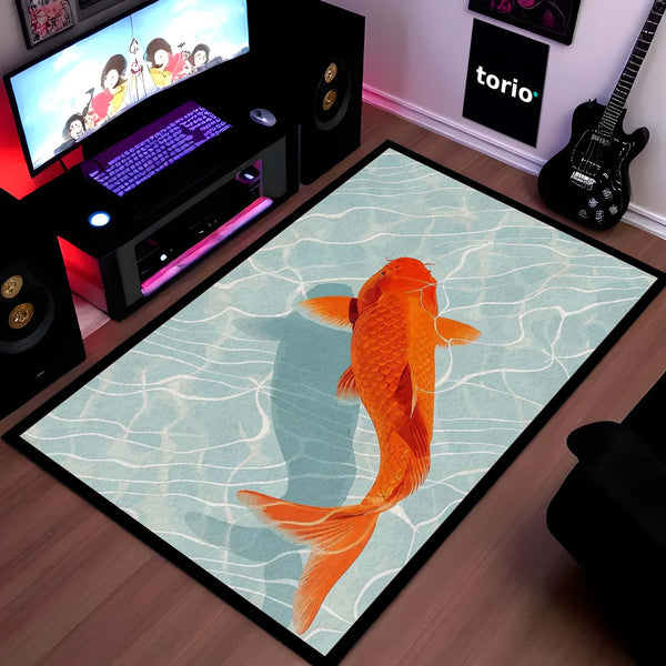 Japanese Koi Fish Area Rug | Zen Orange Koi Pond Floor Mat | Aesthetic Nature Inspired Rug | Minimalist Room Decor Carpet for Bedroom, Gaming Setup & Living Room