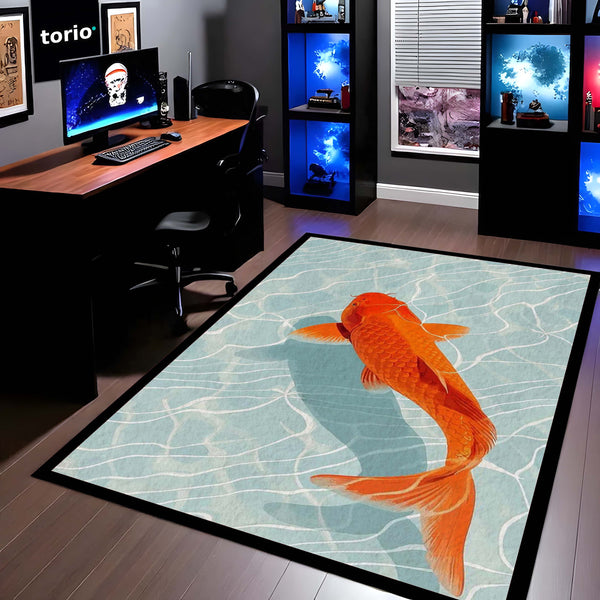 Japanese Koi Fish Area Rug | Zen Orange Koi Pond Floor Mat | Aesthetic Nature Inspired Rug | Minimalist Room Decor Carpet for Bedroom, Gaming Setup & Living Room