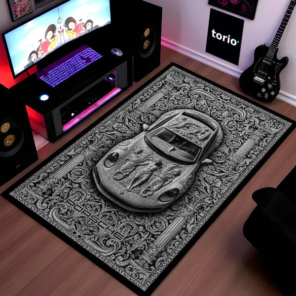 Porsche Flat Rug | Luxury Marble Sculpture Sports Car Flat Rug | Classical Baroque Renaissance Floor Mat for Bedroom, Gaming Room & Luxury Home Decor