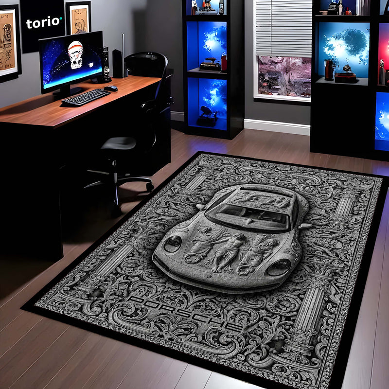 Porsche Flat Rug | Luxury Marble Sculpture Sports Car Flat Rug | Classical Baroque Renaissance Floor Mat for Bedroom, Gaming Room & Luxury Home Decor