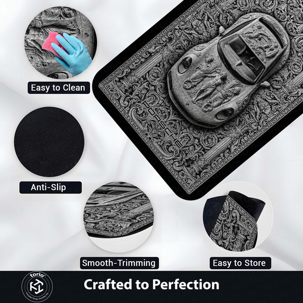 Porsche Flat Rug | Luxury Marble Sculpture Sports Car Flat Rug | Classical Baroque Renaissance Floor Mat for Bedroom, Gaming Room & Luxury Home Decor