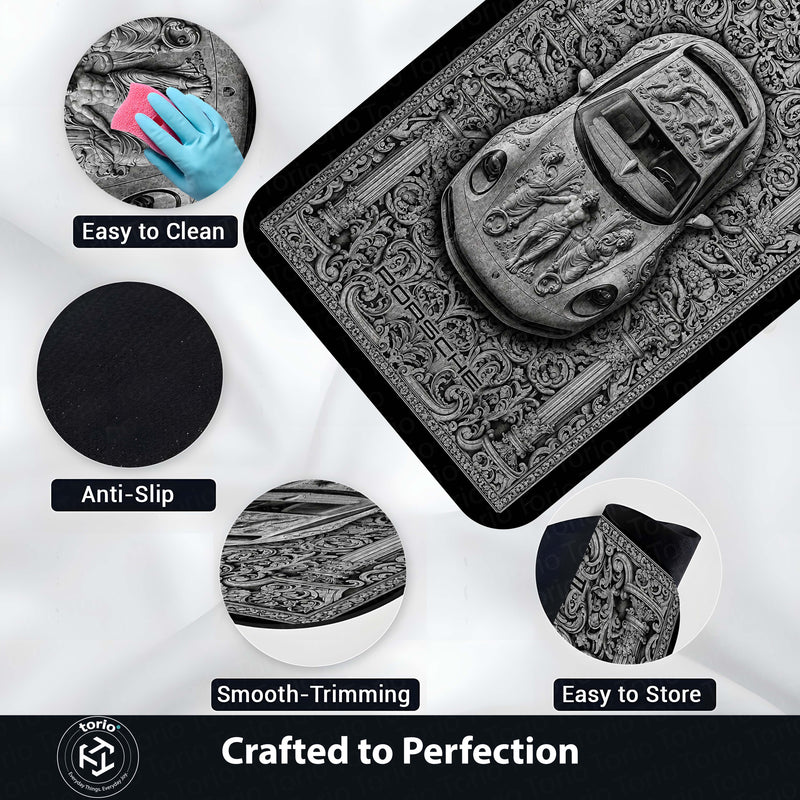 Porsche Flat Rug | Luxury Marble Sculpture Sports Car Flat Rug | Classical Baroque Renaissance Floor Mat for Bedroom, Gaming Room & Luxury Home Decor