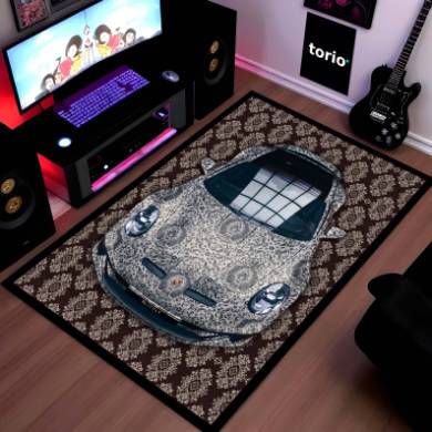 Porsche 911 Front View Floor Mat | Luxury Damask Persian Carpet Style Sports Car Rug | Anti-Slip 3mm Absorbent Premium Car Design Mat