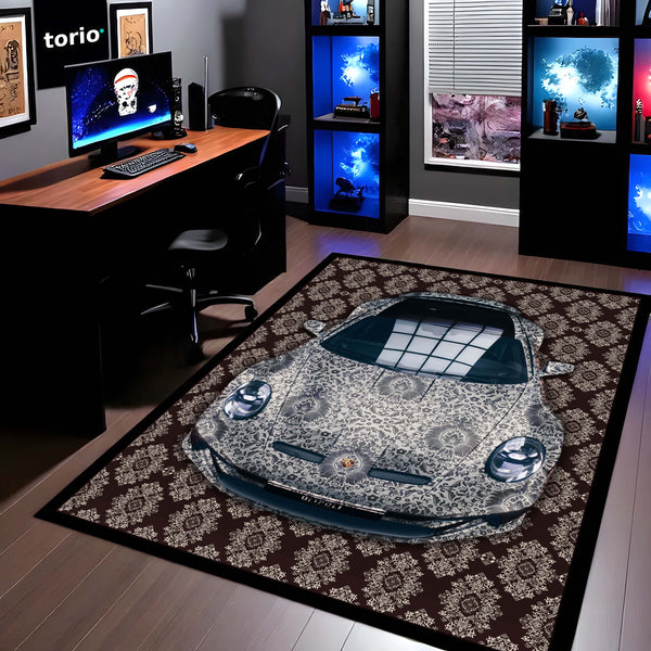Porsche 911 Front View Floor Mat | Luxury Damask Persian Carpet Style Sports Car Rug | Anti-Slip 3mm Absorbent Premium Car Design Mat