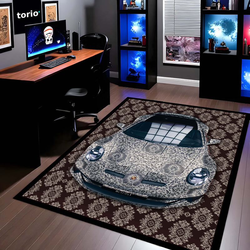 Porsche 911 Front View Floor Mat | Luxury Damask Persian Carpet Style Sports Car Rug | Anti-Slip 3mm Absorbent Premium Car Design Mat