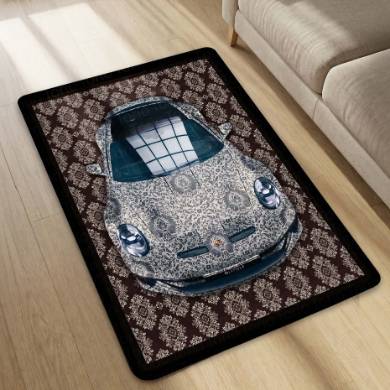 Porsche 911 Front View Floor Mat | Luxury Damask Persian Carpet Style Sports Car Rug | Anti-Slip 3mm Absorbent Premium Car Design Mat