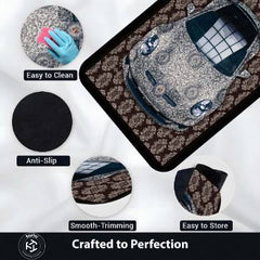 Porsche 911 Front View Floor Mat | Luxury Damask Persian Carpet Style Sports Car Rug | Anti-Slip 3mm Absorbent Premium Car Design Mat