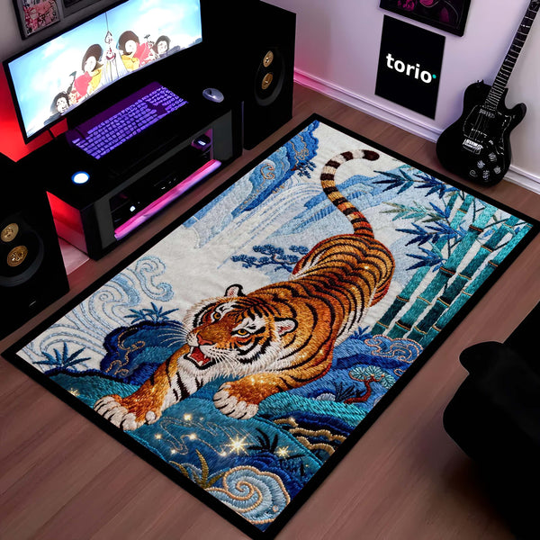 Running Tiger Art Area Rug | Japanese Style Tiger Floor Mat | Aesthetic Animal Rug for Bedroom, Living Room & Gaming Setup Decor