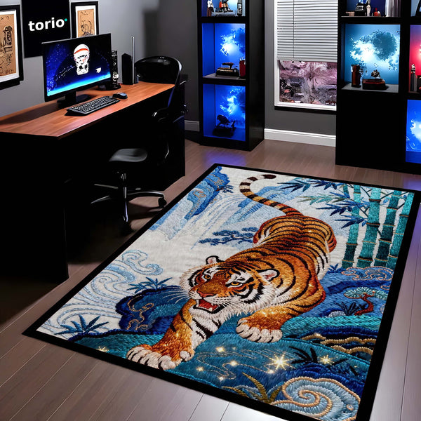 Running Tiger Art Area Rug | Japanese Style Tiger Floor Mat | Aesthetic Animal Rug for Bedroom, Living Room & Gaming Setup Decor