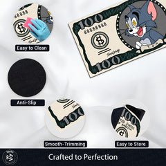Tom Cat Money Note Flat Rug | Tom and Jerry Cartoon Dollar Bill Inspired Bedroom Rug for Gaming Room & Cartoon Decor