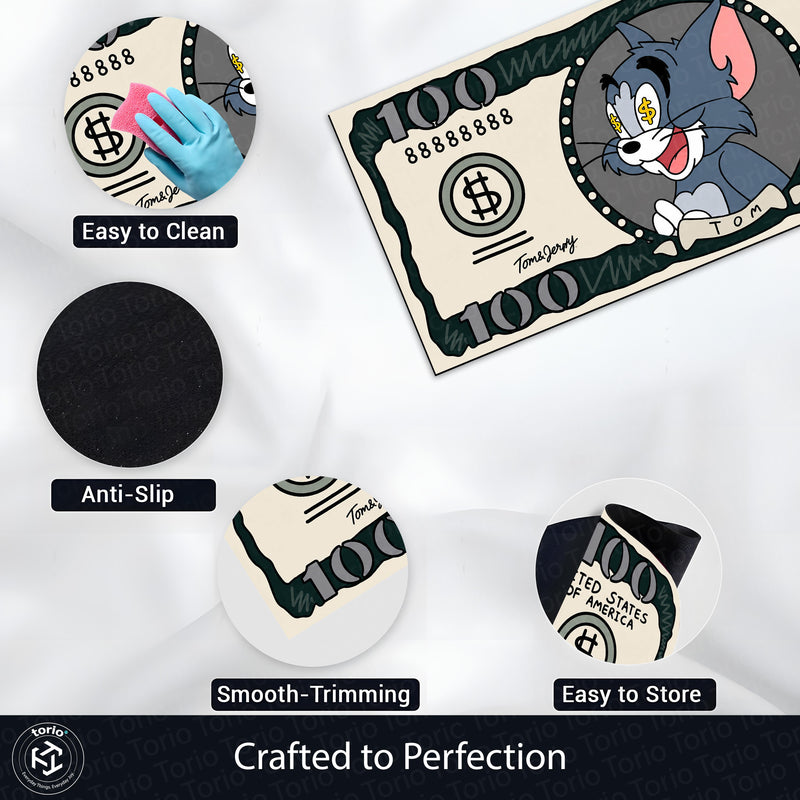 Tom Cat Money Note Flat Rug | Tom and Jerry Cartoon Dollar Bill Inspired Bedroom Rug for Gaming Room & Cartoon Decor